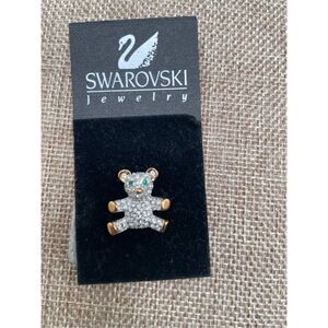 Swarovski Teddy Bear Pin Crystal Green Clear Gold Color Rhinestone